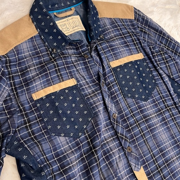 Entree LS Plaid Mixed Print Suede Detail Long Sleeve Button Down Shirt - Picture 2 of 8